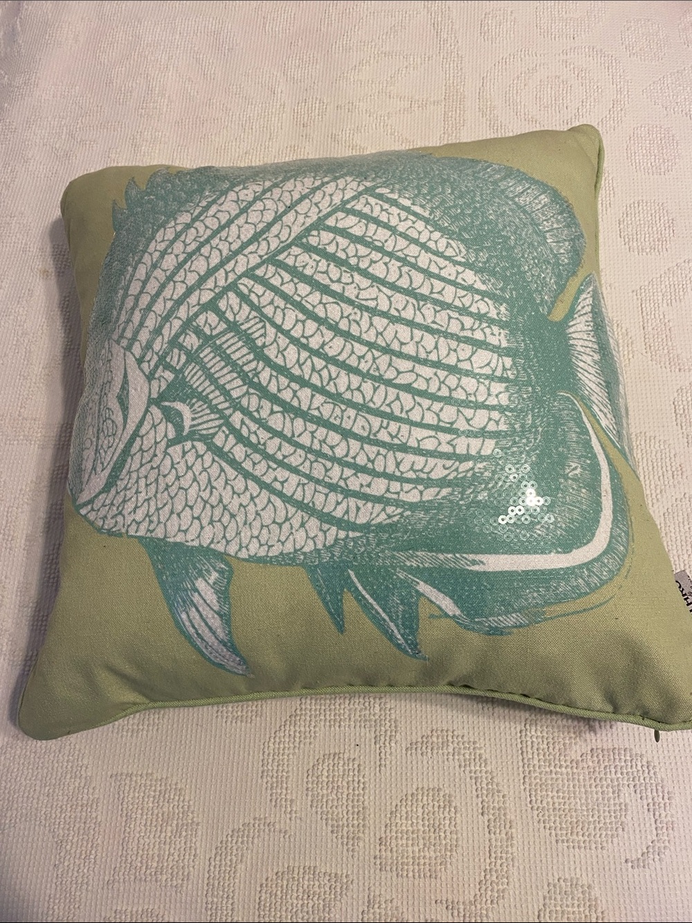 Coastal Fish Print Accent Pillow - Mint on Sage, down feathers.